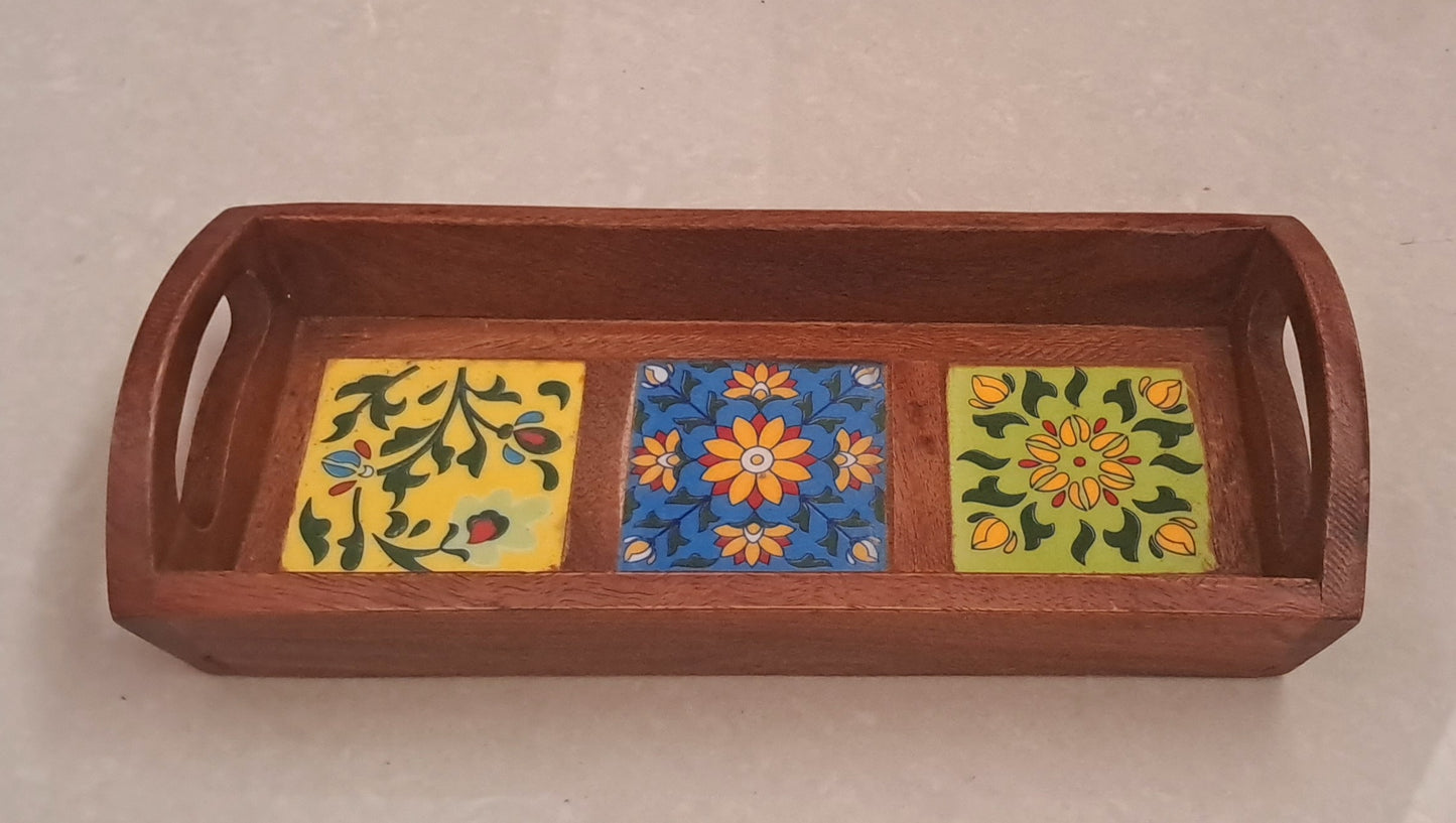 3 Tile Ceramic Wooden Tray