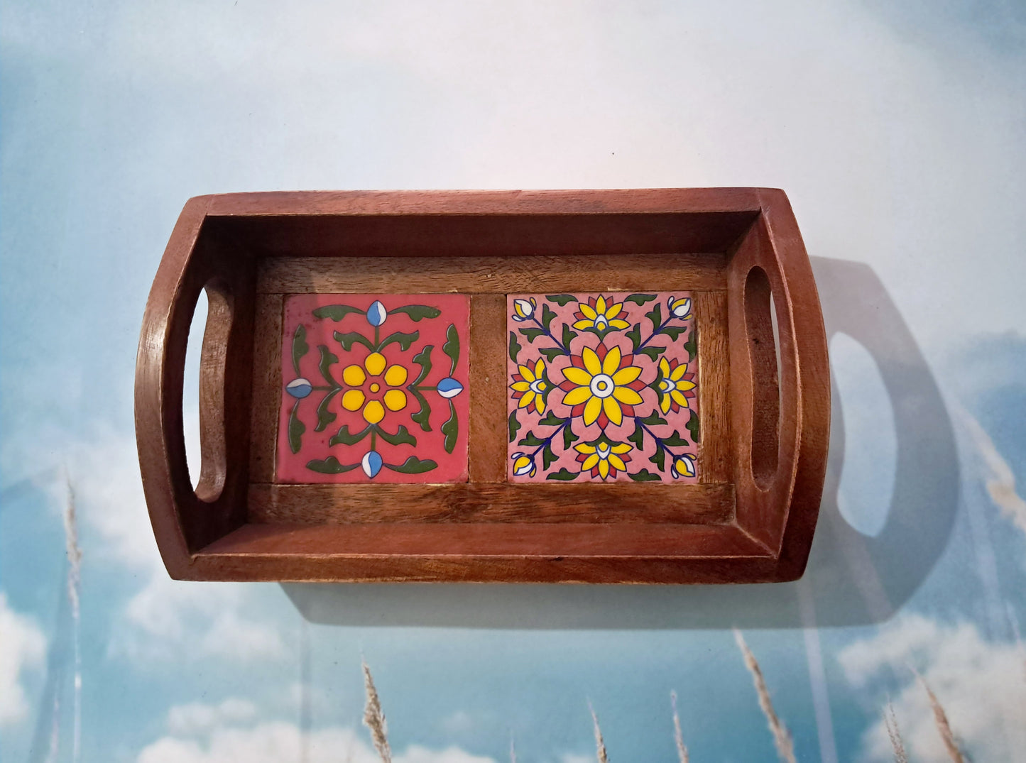 2 Tile Ceramic Wooden Tray