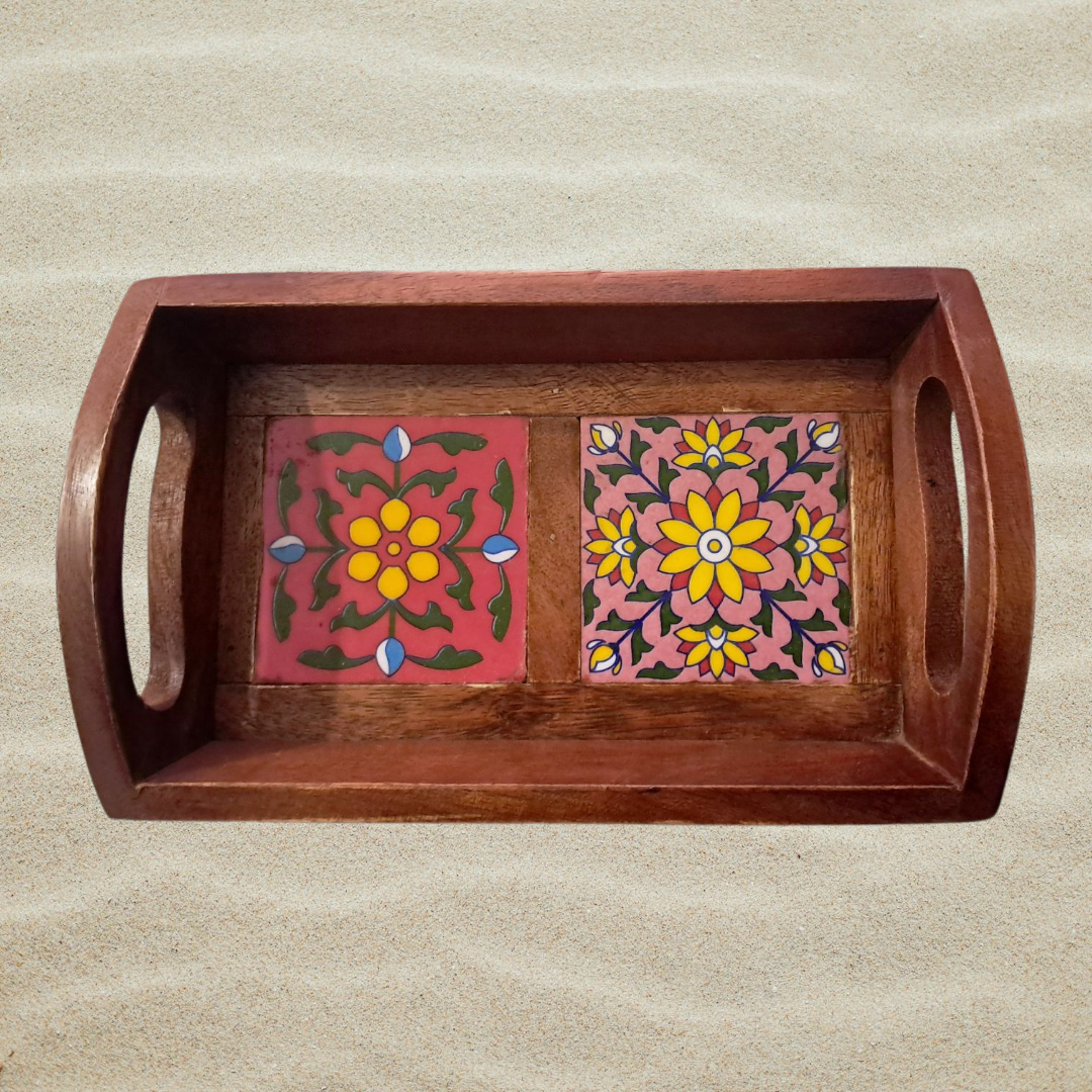 2 Tile Ceramic Wooden Tray