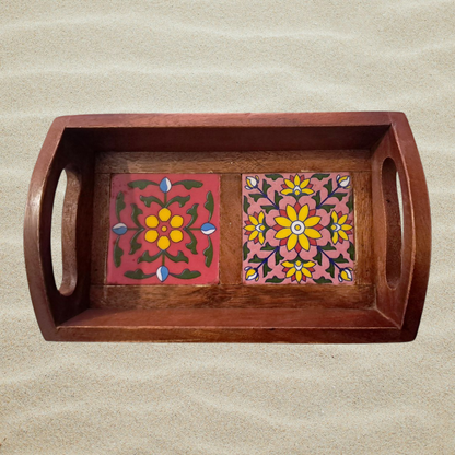 2 Tile Ceramic Wooden Tray