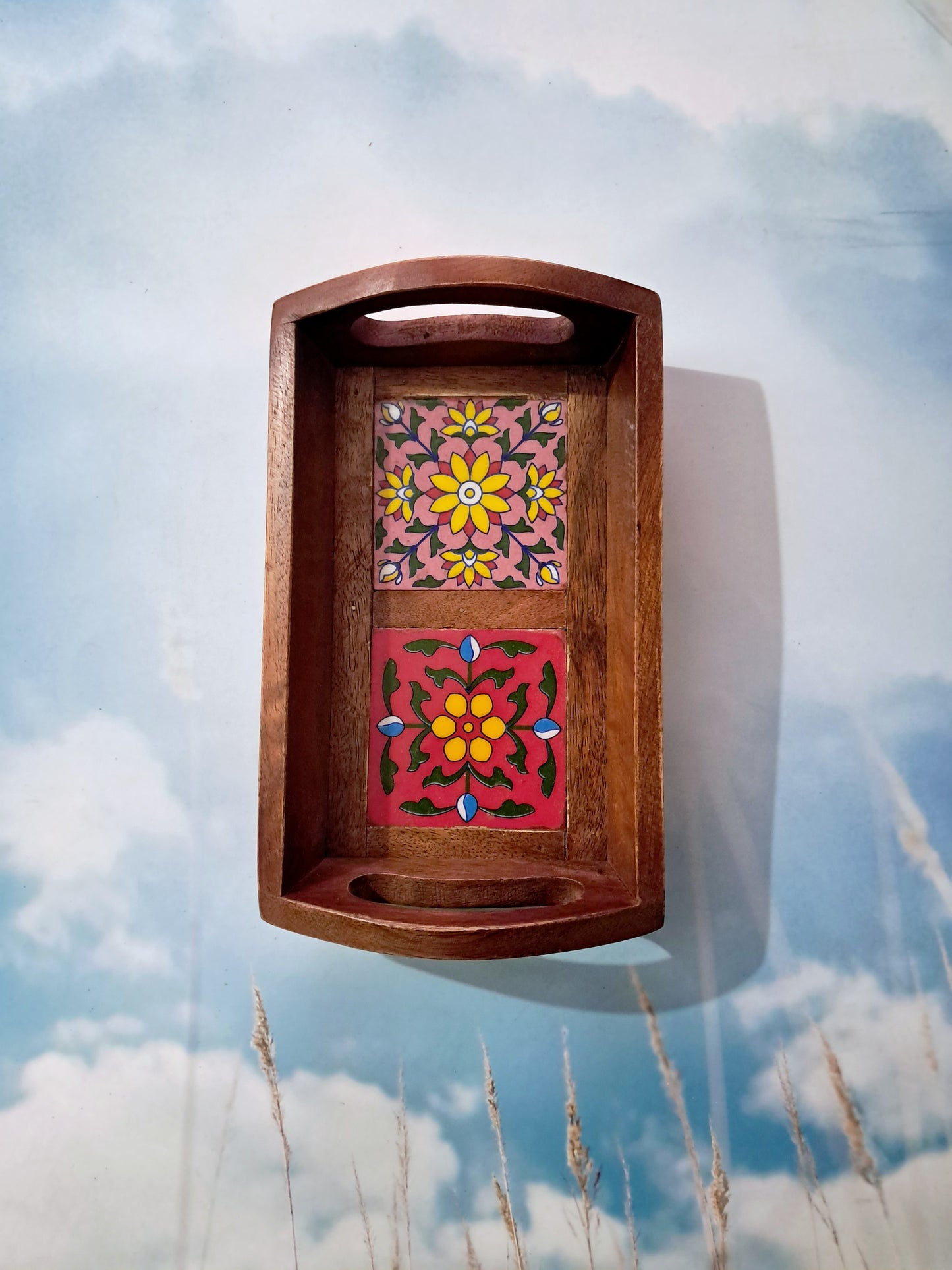 2 Tile Ceramic Wooden Tray