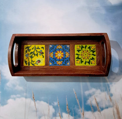 3 Tile Ceramic Wooden Tray