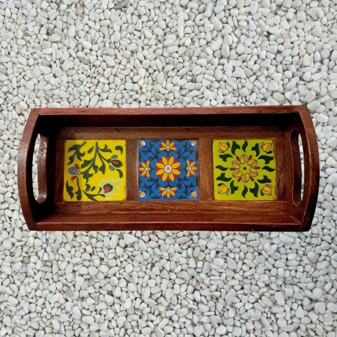 3 Tile Ceramic Wooden Tray