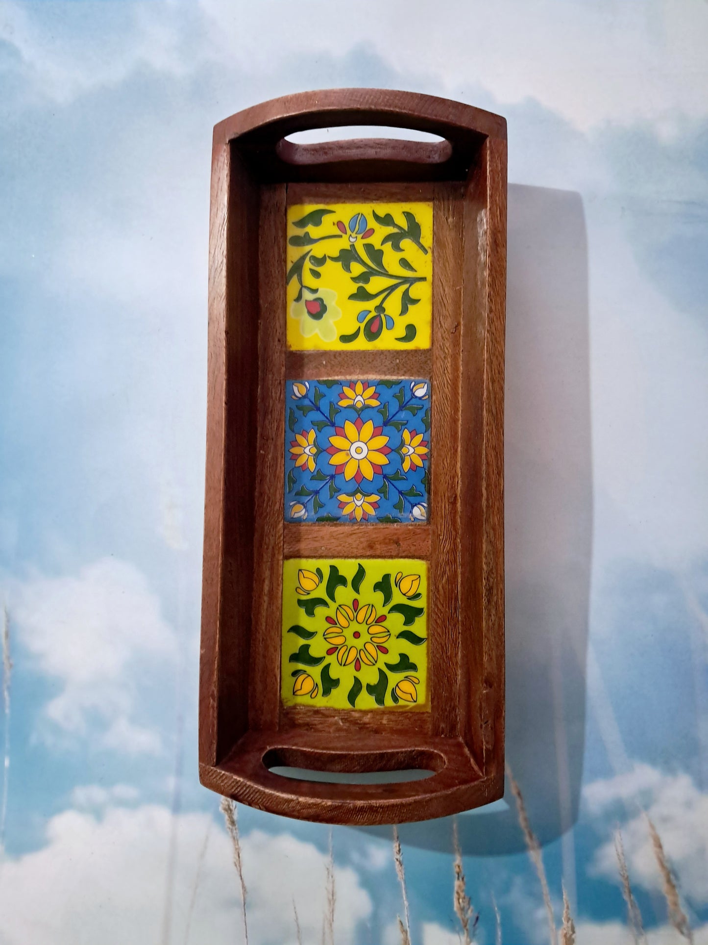 3 Tile Ceramic Wooden Tray