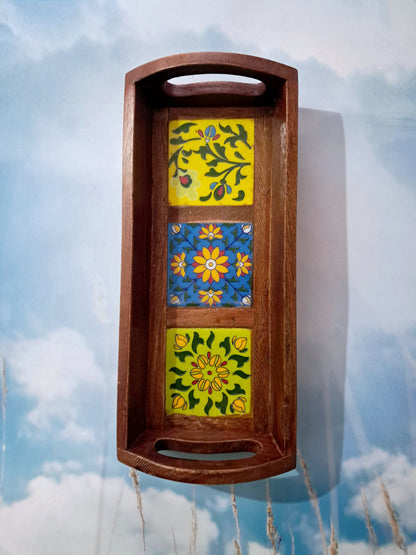 3 Tile Ceramic Wooden Tray